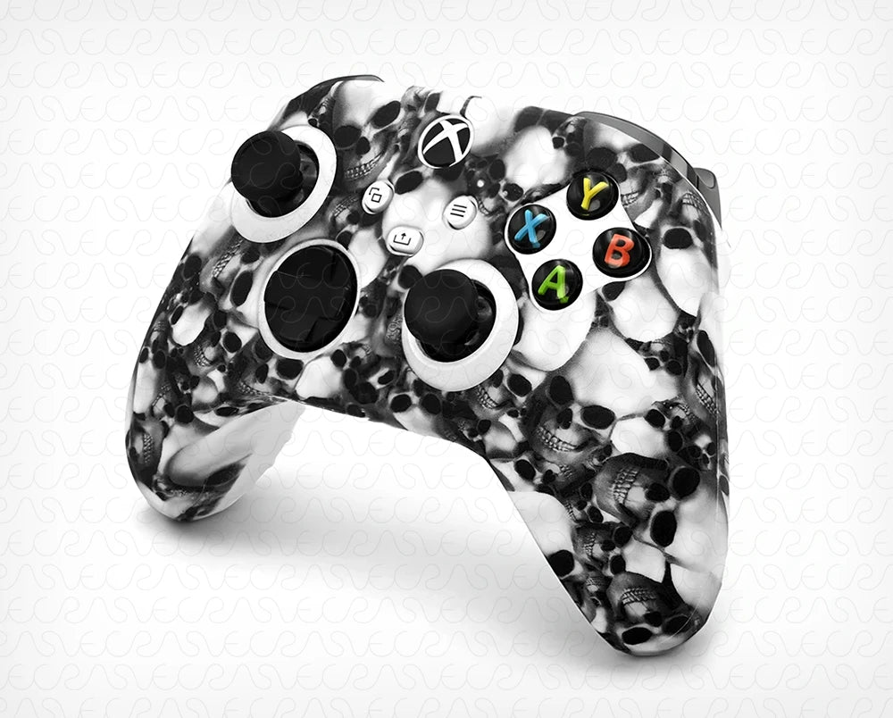 Gaming controller with black and white abstract design on a white background