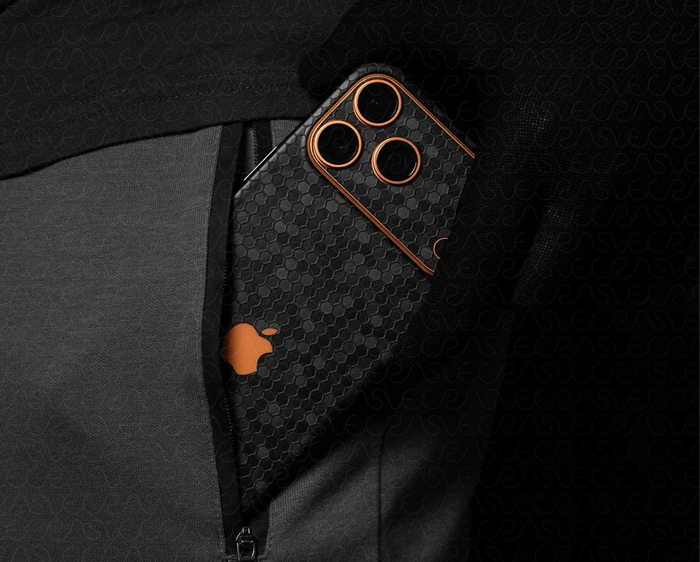 Phone case with honeycomb pattern and Apple logo on a dark background