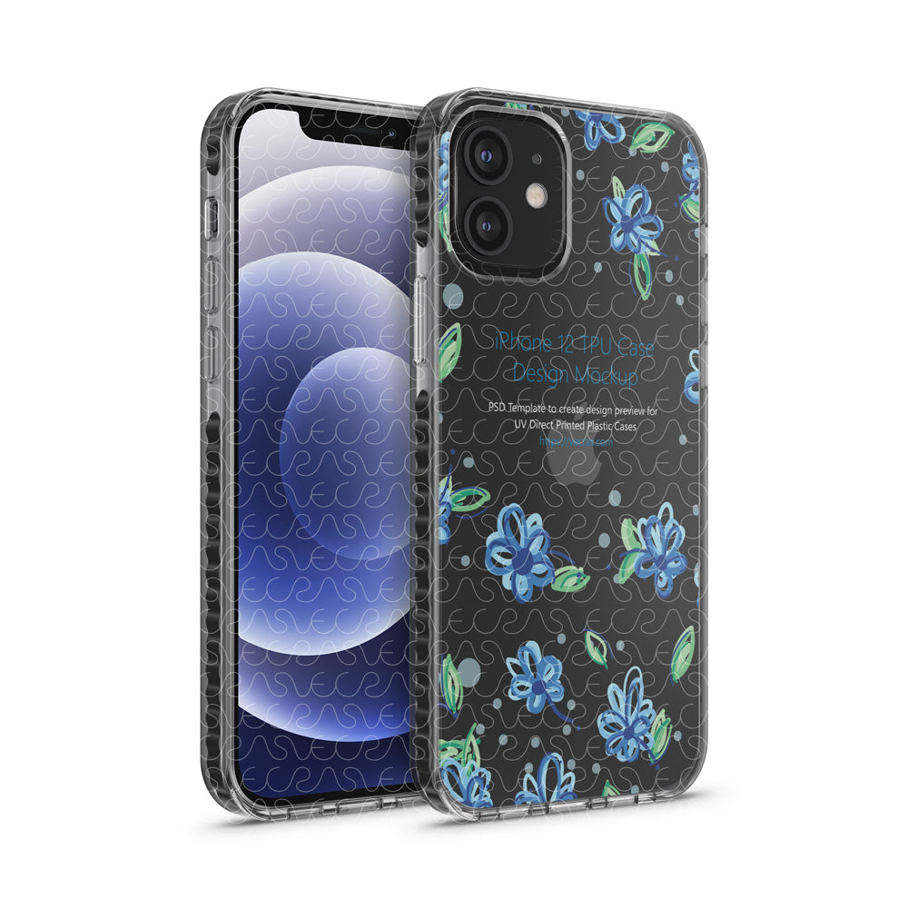 Smart PSD phone case mockup displaying a blue floral artwork on a clear protective case