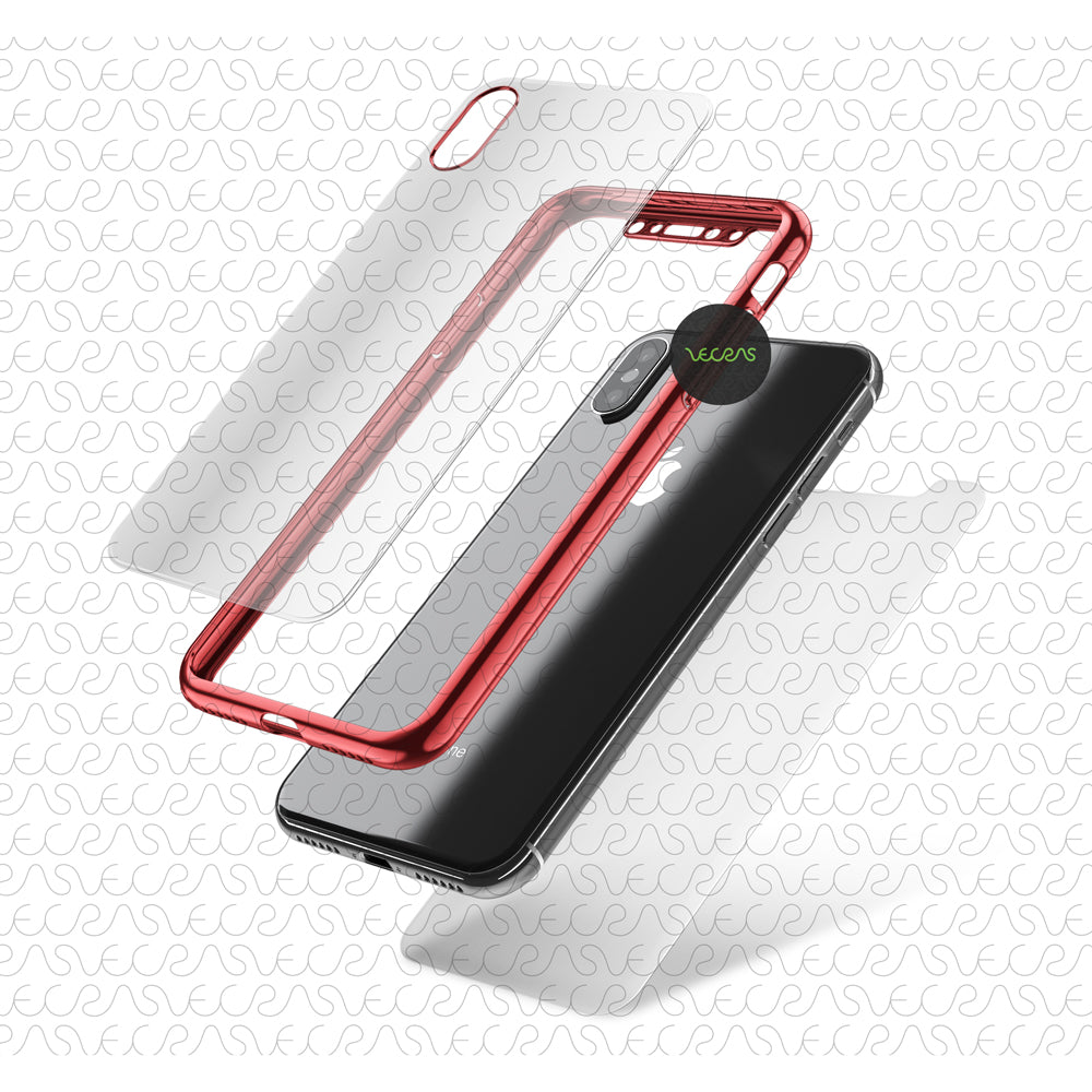 3D exploded illustration of a mobile phone case showing all protective components