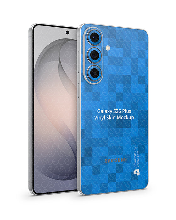 Galaxy S26 Plus Mobile (2026) | Vinyl Skin Mockup PSD Template Angled Back Only