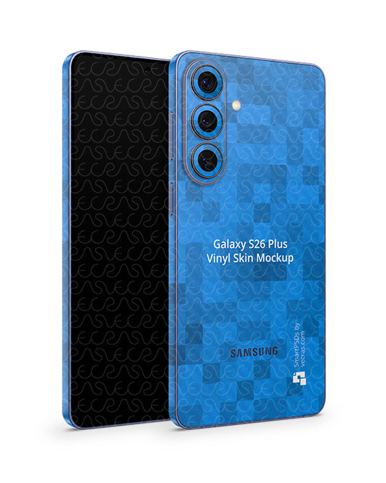 Galaxy S26 Plus Mobile (2026) | Vinyl Skin Mockup PSD Template Angled Split Full Wrap