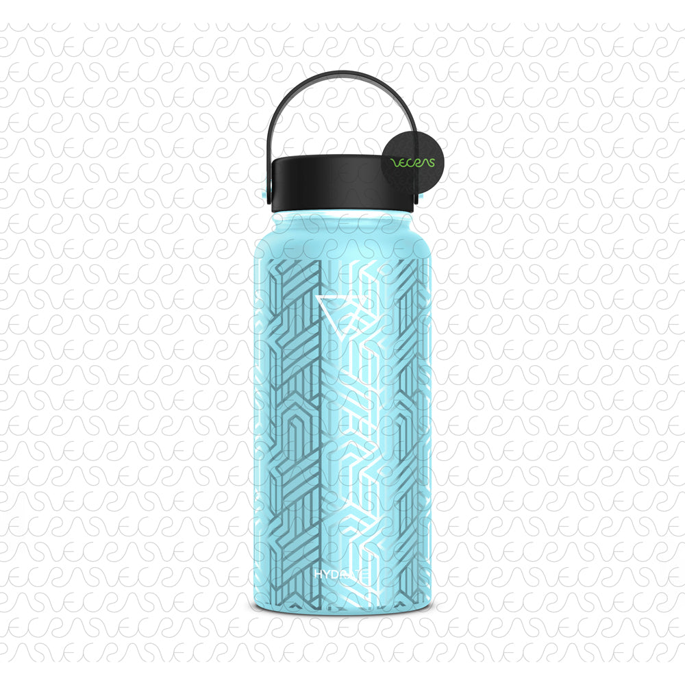 Customizable bottle design mockup featuring a blue geometric pattern for print-on-demand sellers