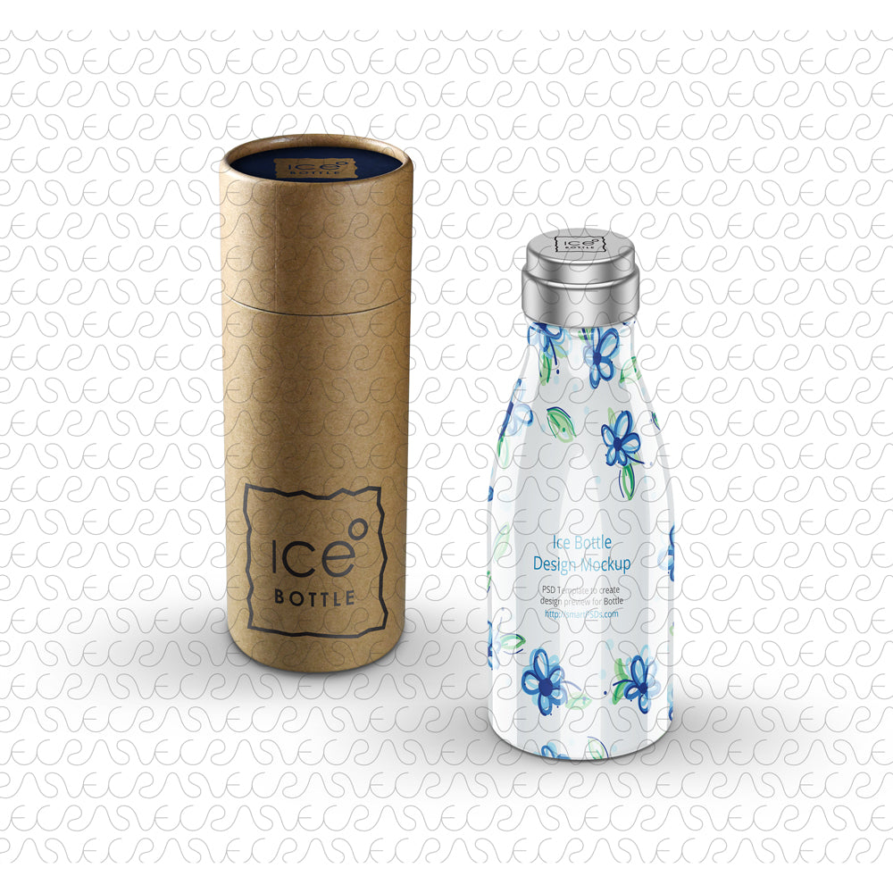 Editable Smart PSD bottle mockup featuring a white floral bottle and eco-friendly cylindrical packaging