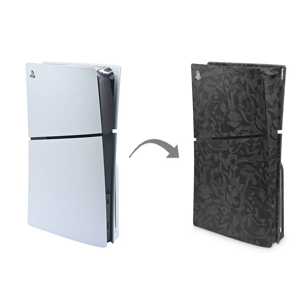 Side-by-side view of a white Sony PS5 and the same console wrapped in a dark floral vinyl skin