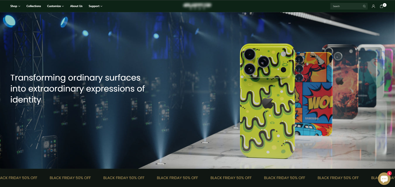 Luxury e-commerce homepage banner displaying vibrant designer phone skins on a Shopify website