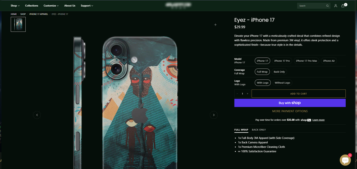 Elegant product page from a luxury Shopify store highlighting a custom phone skin design for iPhone 17