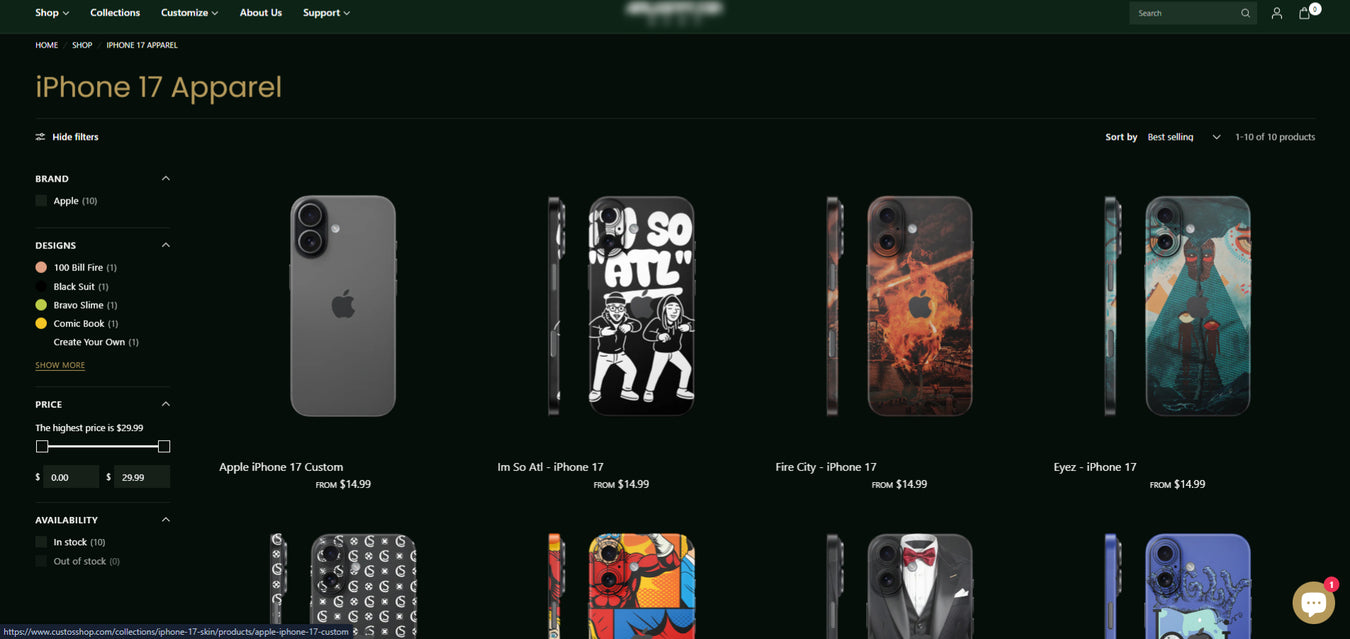 Elegant collection page layout from a luxury Shopify website featuring multiple designer iPhone skins