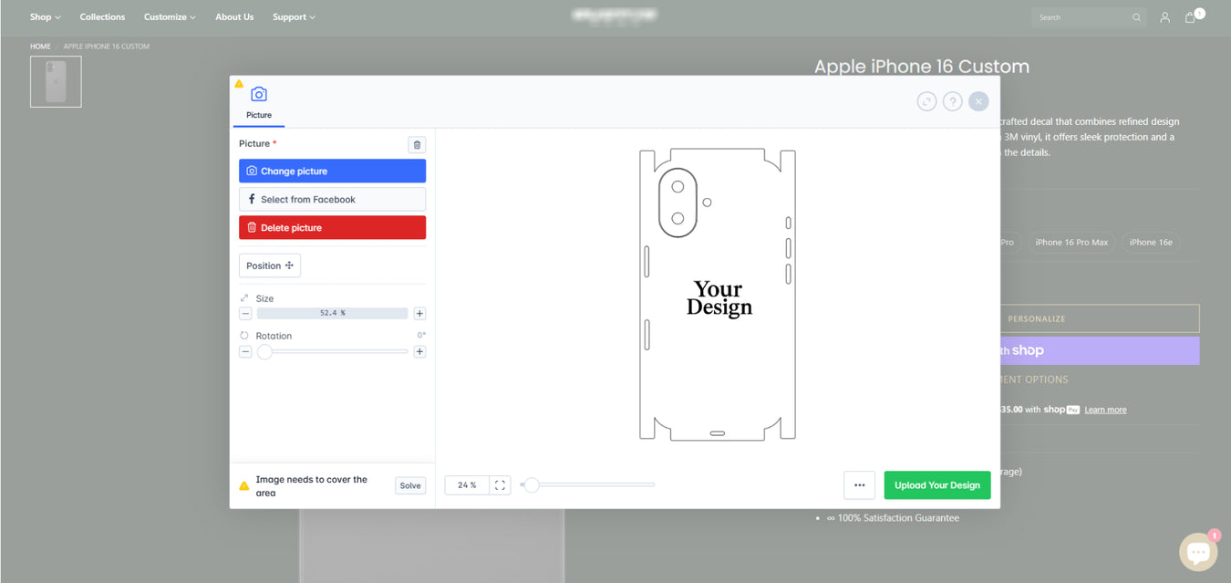 Shopify product customizer showing a phone skin template where customers can upload and preview their own design