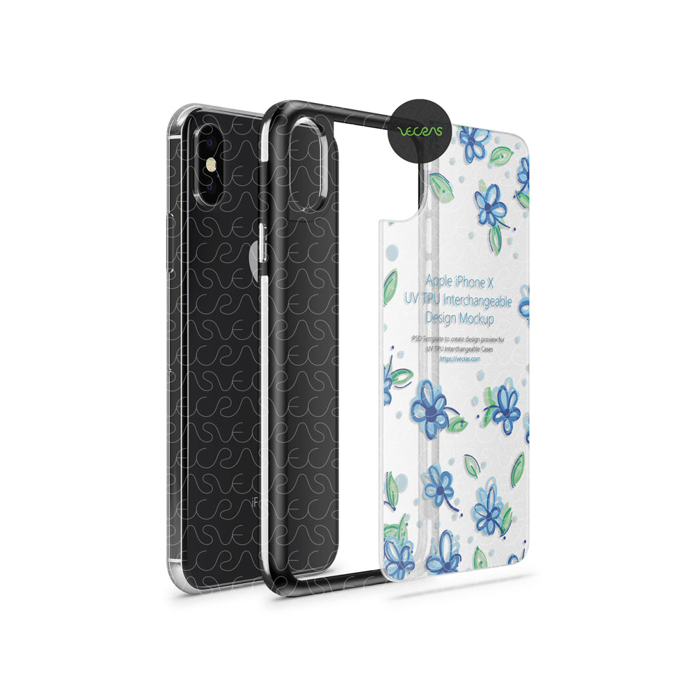 Layered phone case Smart PSD mockup showing device and transparent floral case for customizable designs