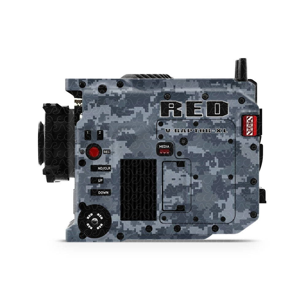 Side view of a RED digital cinema camera with a grey camouflage vinyl skin applied