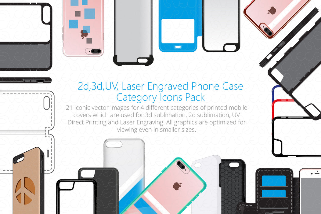 2d, 3d, UV & Laser Engraved Phone Case Cover Styles Icons Set