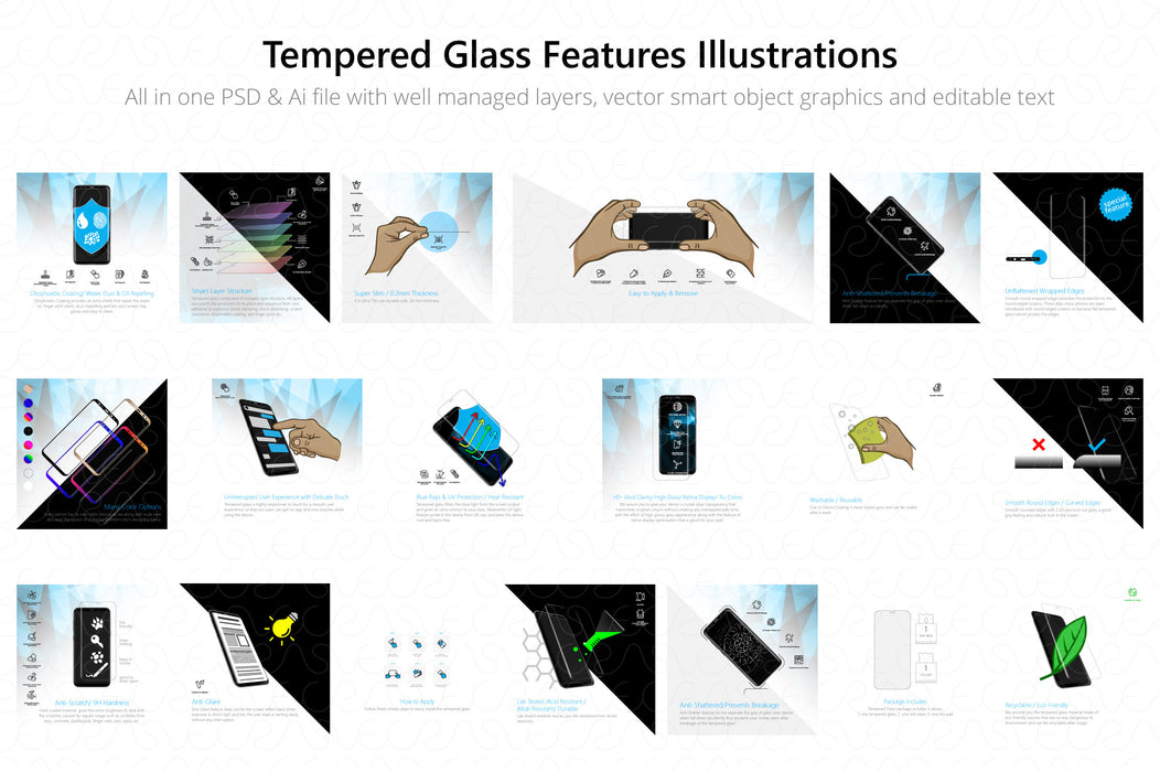 Tempered Glass Features Illustrations & Icons Pack